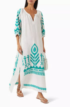 Greek Archaic Kori Feather Belted Maxi Dress - White/Emerald