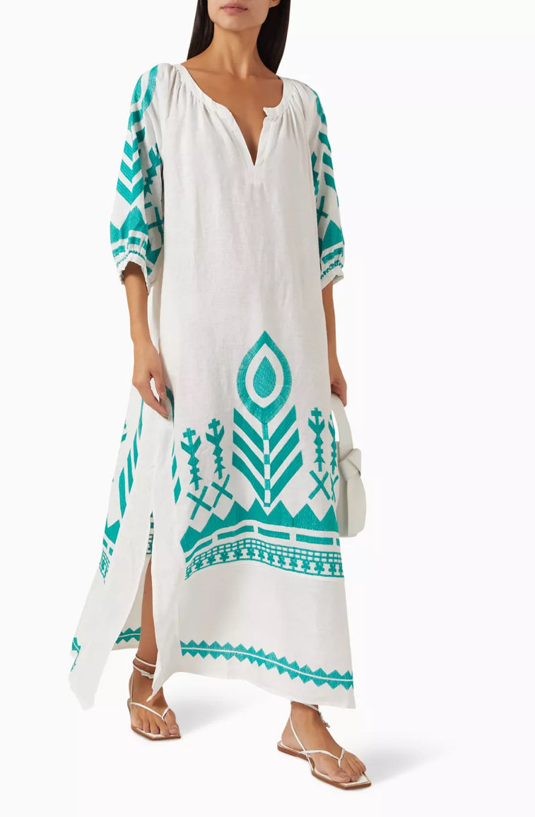 Greek Archaic Kori Feather Belted Maxi Dress - White/Emerald