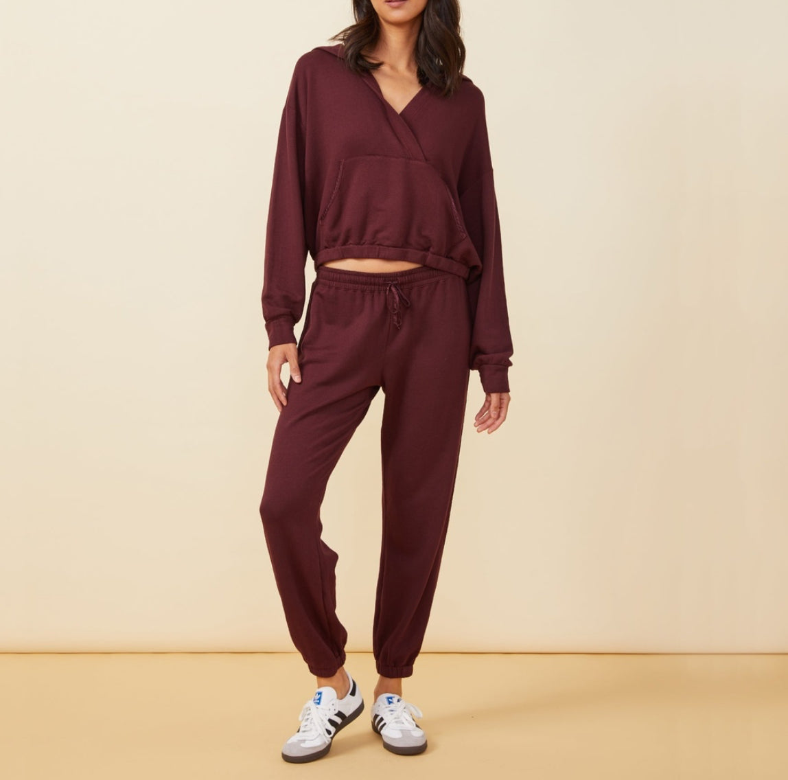 Monrow Supersoft Fleece V Hoody With Silky Piping - Merlot