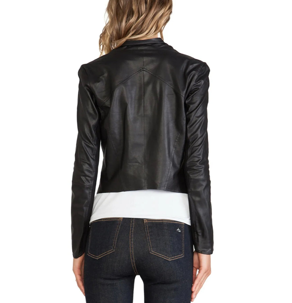 Lamarque Madison Cowl-Neck Leather Jacket - Black