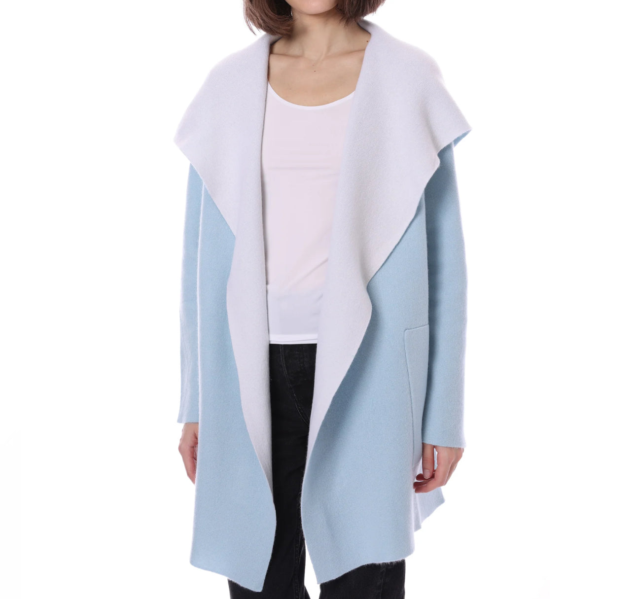 Minnie Rose Cashmere Hooded Reversible Coat - Baby Blue/White