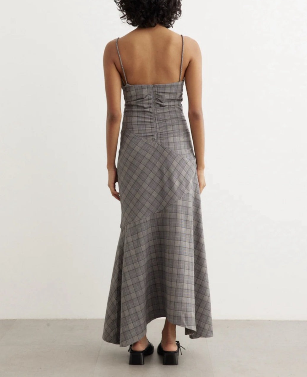 GANNI Check Mix Ruched Long Slip Dress - Frost Grey
