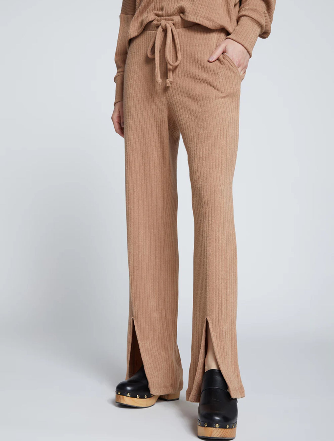 Stateside Rachel Chunky Rib Front Slit Tie Pant - Toffee