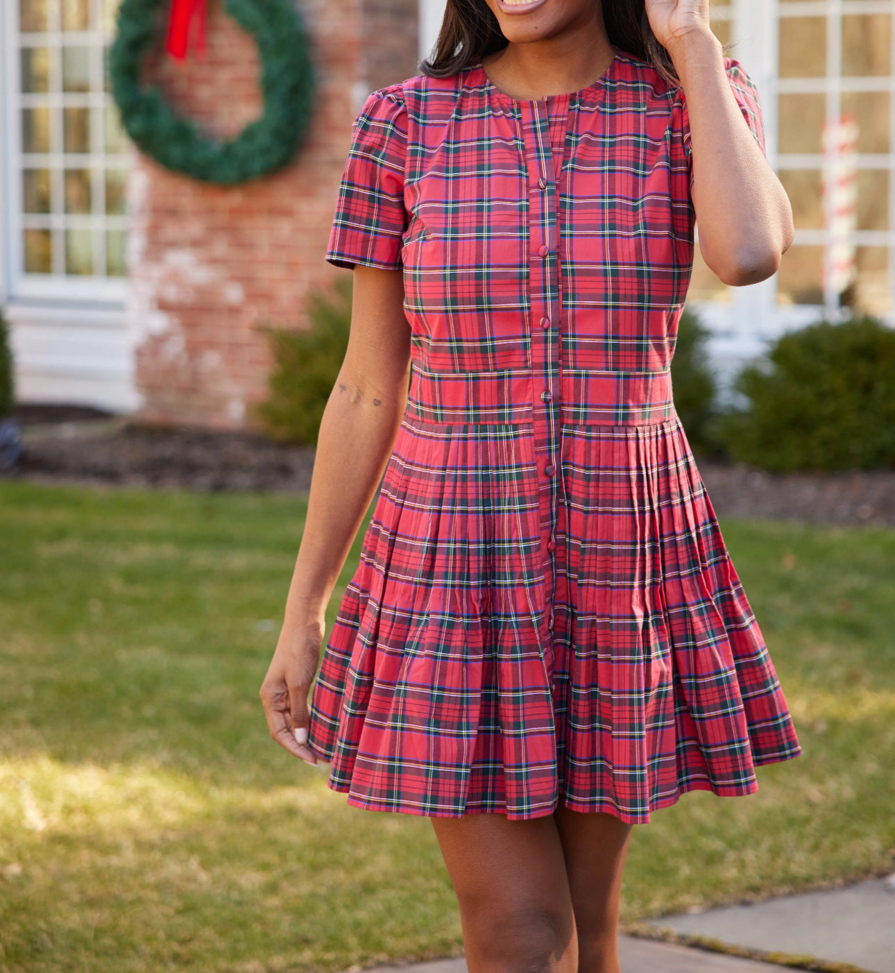 Sail to Sable Red Tartan Pleated Button Front Dress