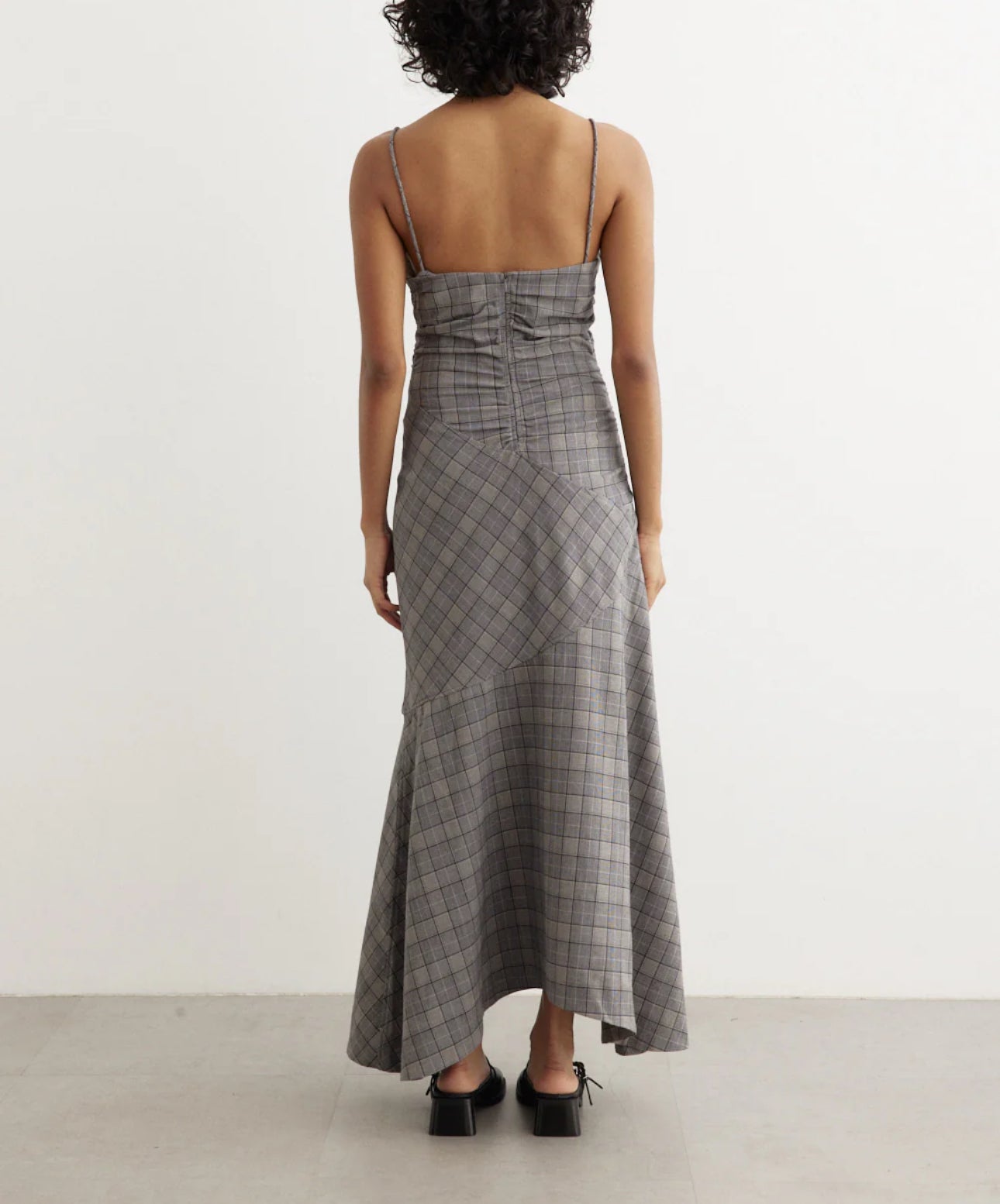 GANNI Check Mix Ruched Long Slip Dress - Frost Grey