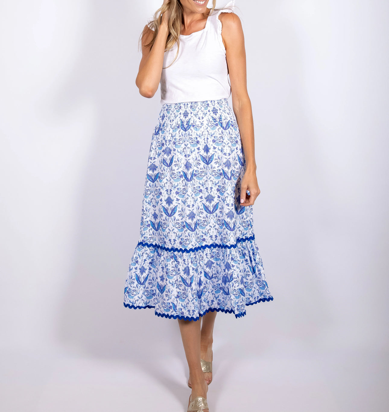 Sail To Sable Batik Print Smocked Waist Midi Skirt