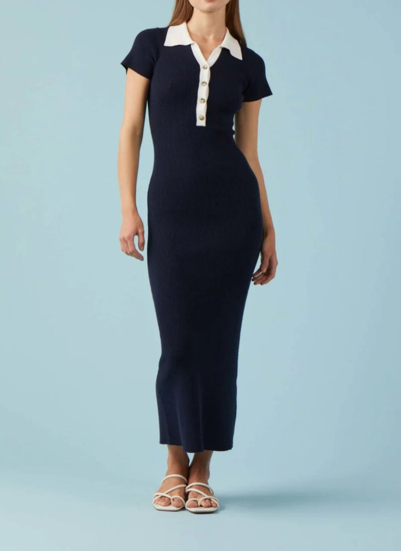 Sophie Rue Collared Rib Knit Dress - Navy/White