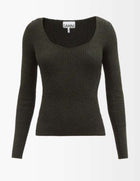 Ganni Mélange Stretch Knit Top - Dark Green