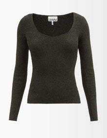 Ganni Mélange Stretch Knit Top - Dark Green