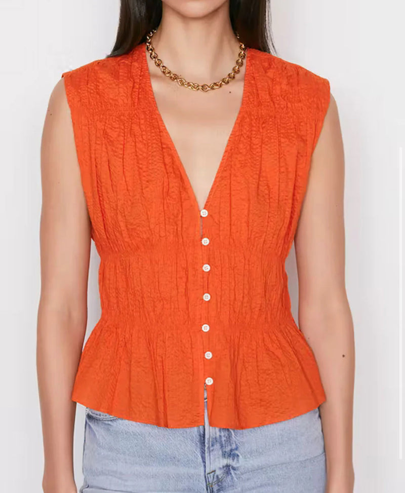 Frame Orange Crush Ruched V Neck Sleeveless Blouse