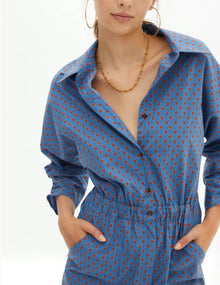 Magnolya Collection Mono Eve Jumpsuit - Blue W/Red Motifs