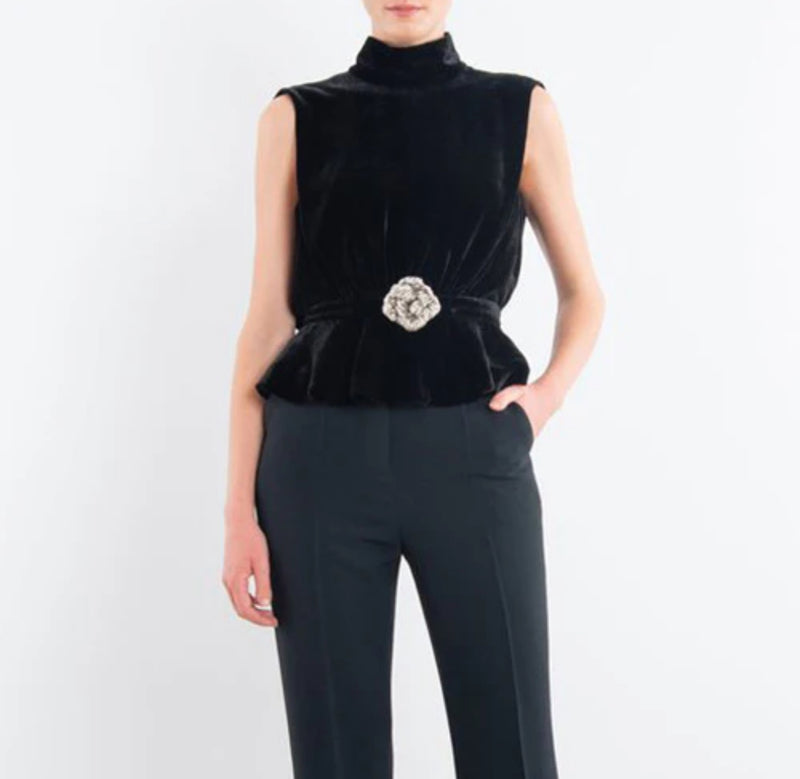Saloni Fleur Velvet Top - Black/Crystal Rose
