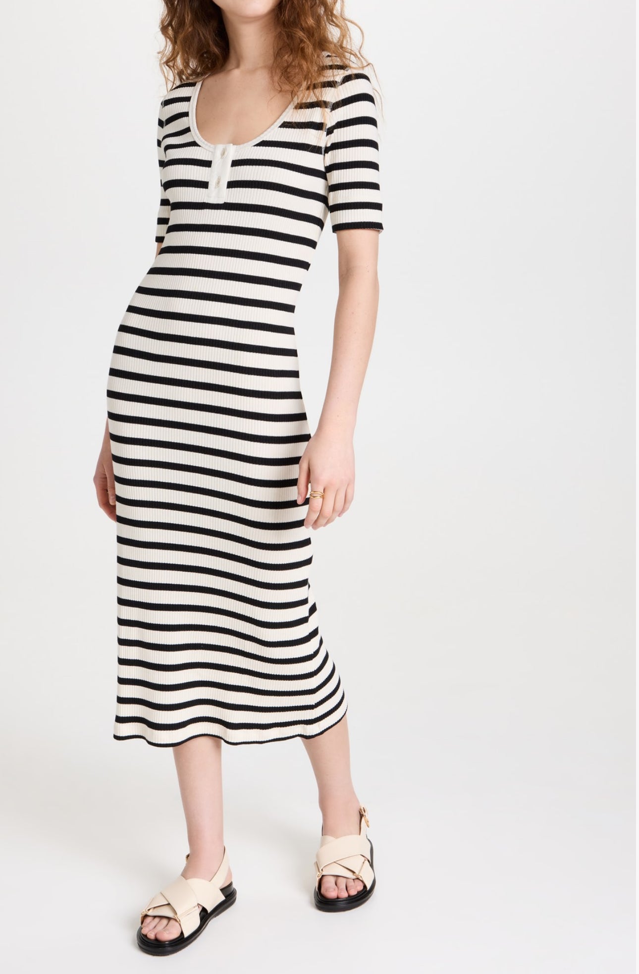 GANNI Striped Rib Knit Midi Dress - Black/White