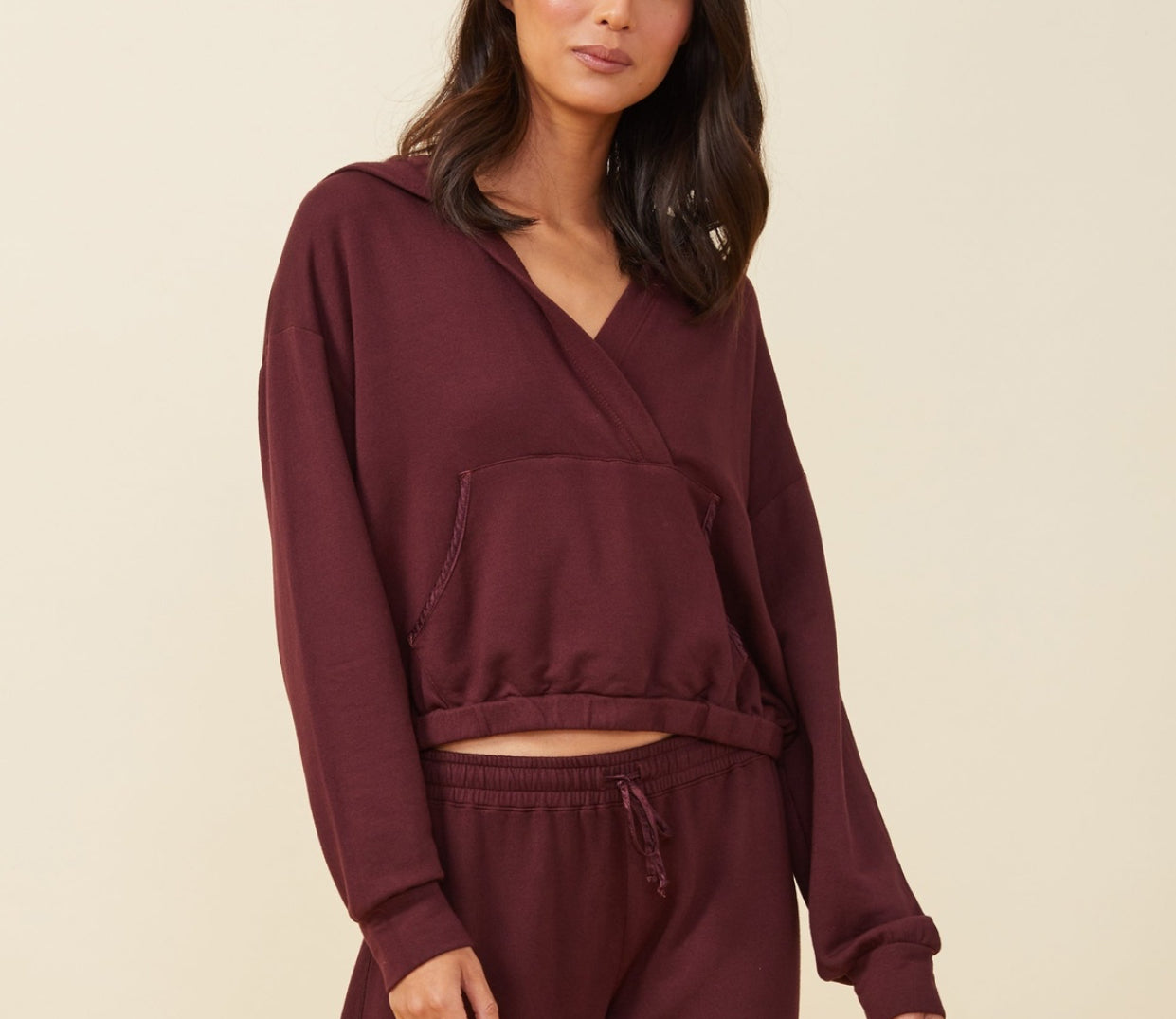 Monrow Supersoft Fleece V Hoody With Silky Piping - Merlot