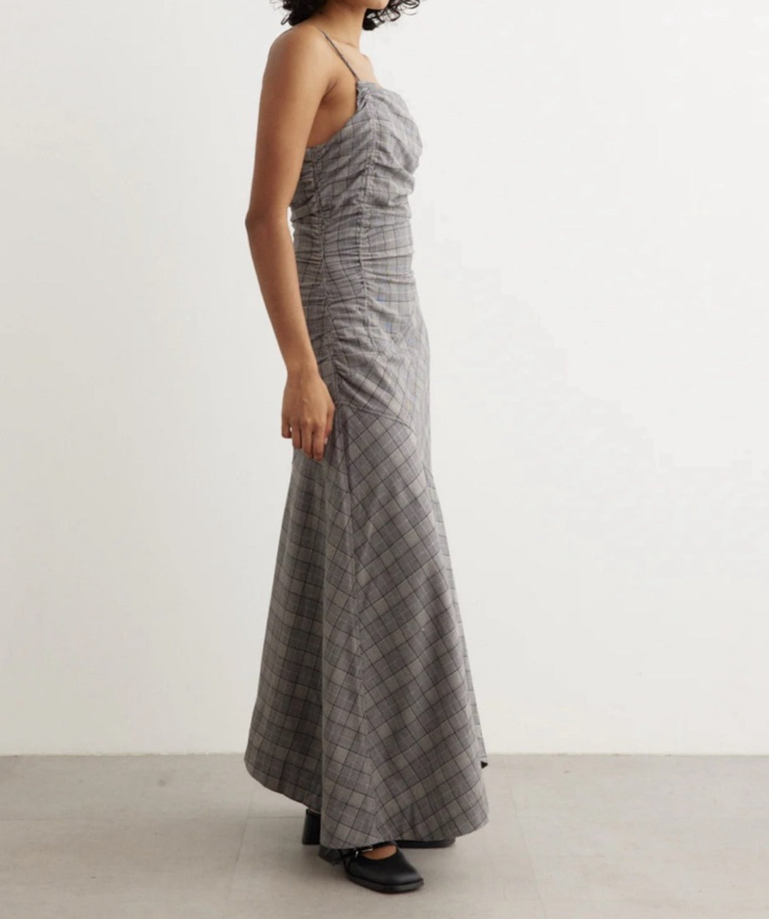 GANNI Check Mix Ruched Long Slip Dress - Frost Grey