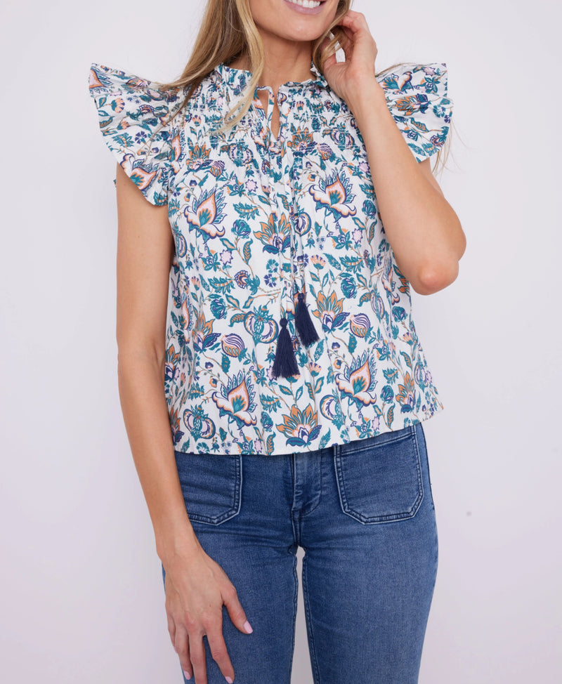 Sail to Sable French Floral Flutter Sleeve Top with Tassels