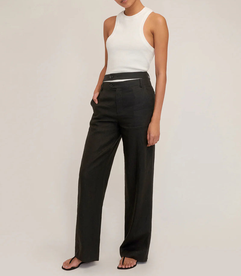 Marissa Webb Theo Linen Double Waist Trouser - Black