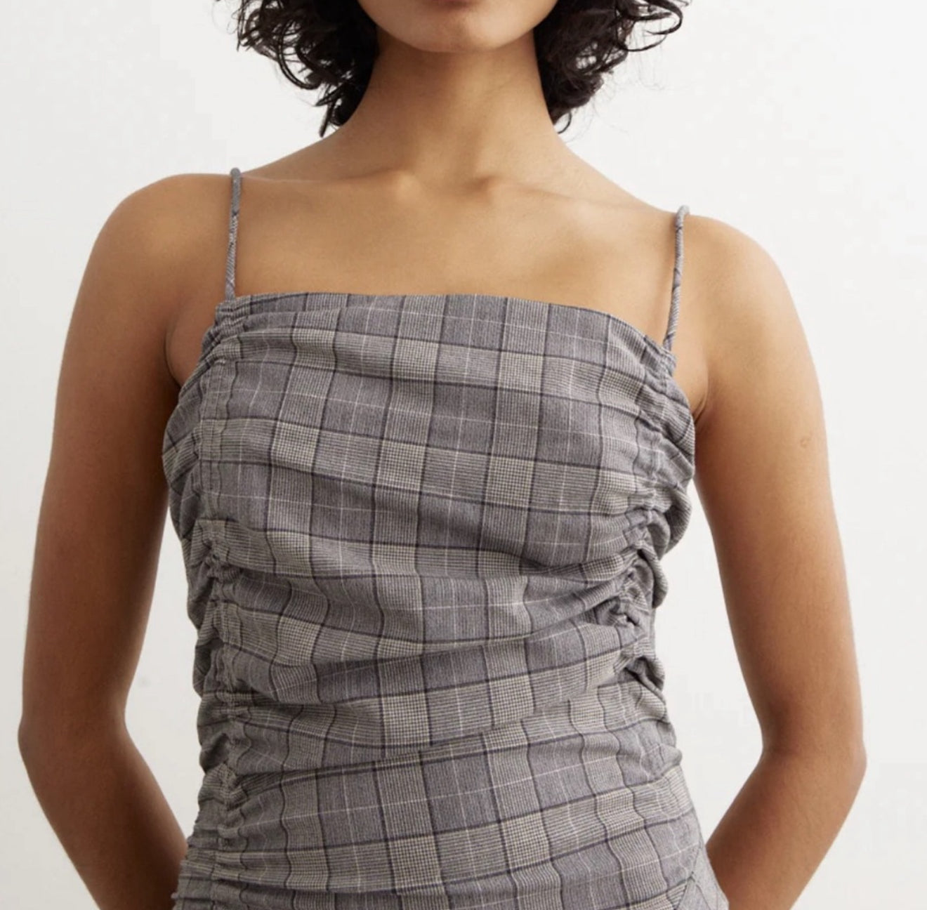GANNI Check Mix Ruched Long Slip Dress - Frost Grey