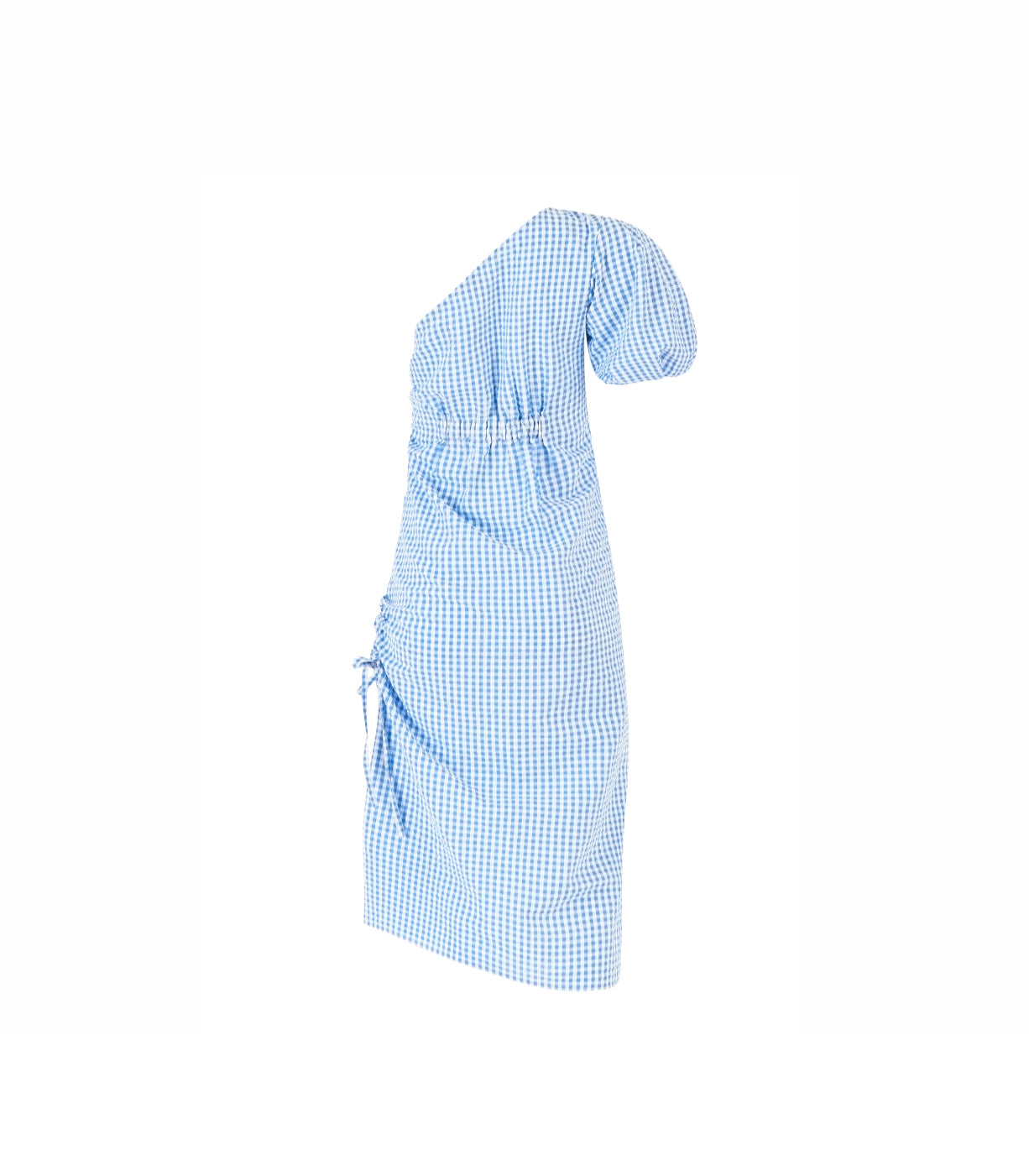 Rosie Assoulin One Shoulder Puff Sleeve Dress - Blue Seersucker Gingham