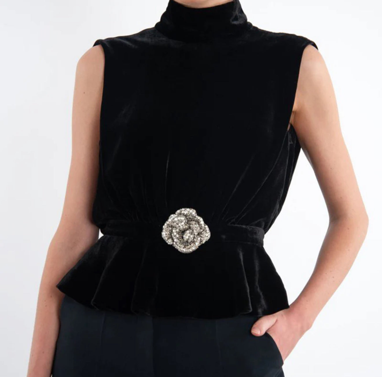 Saloni Fleur Velvet Top - Black/Crystal Rose