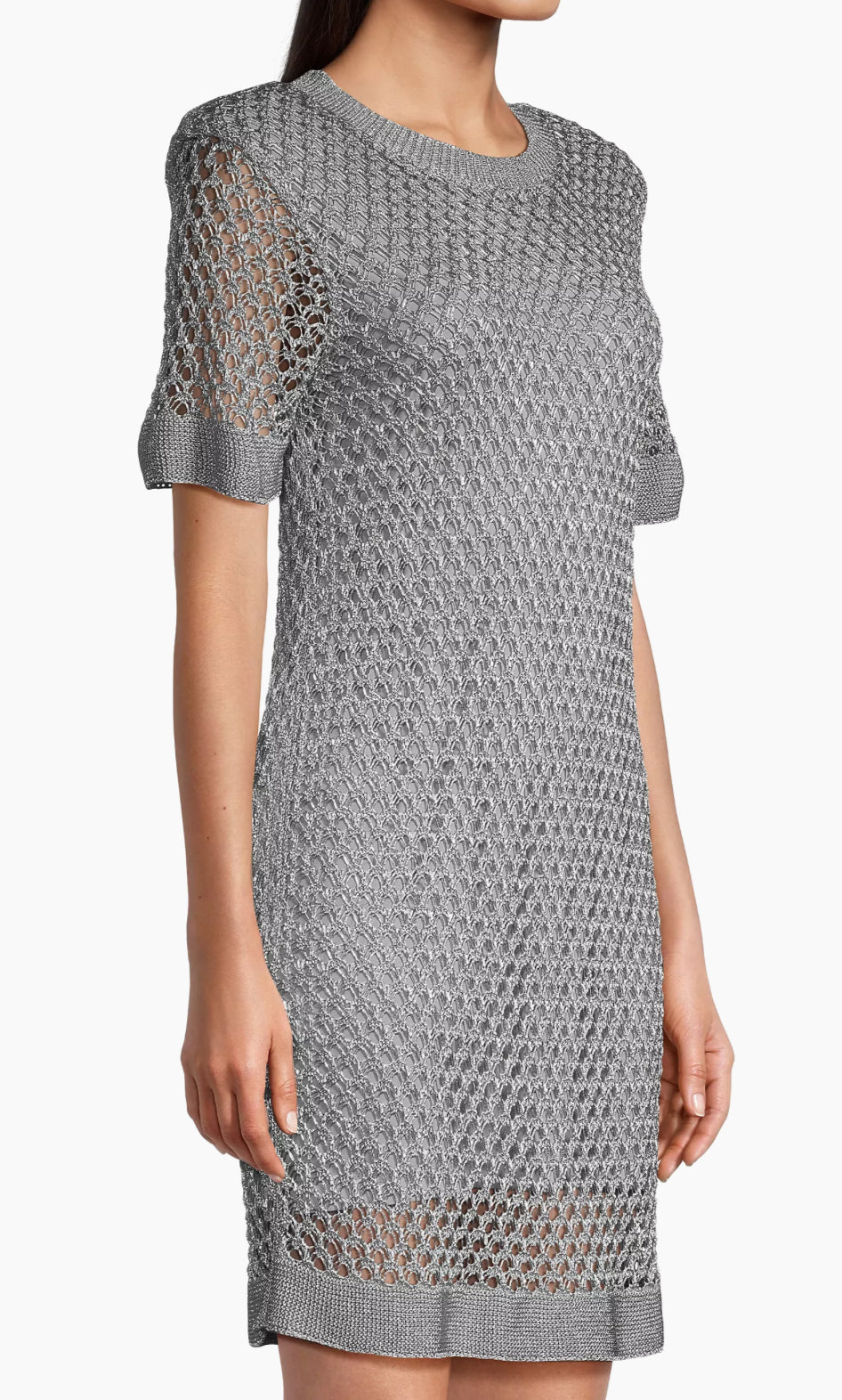 Milly Sinclair Metallic Crochet Short-Sleeve Mini Dress - Silver