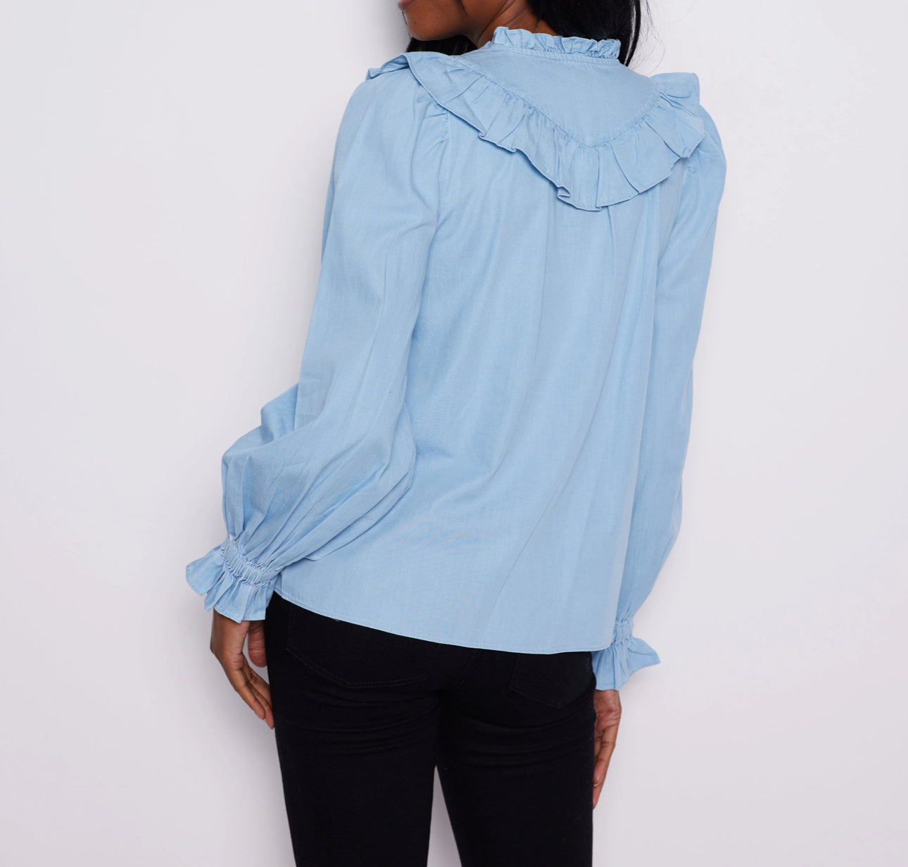 Sail to Sable  Long Sleeve Ruffle Bib Blouse - Light Chambray