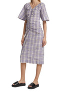 GANNI Seersucker Check V-Neck Midi-Dress - Persian Violet