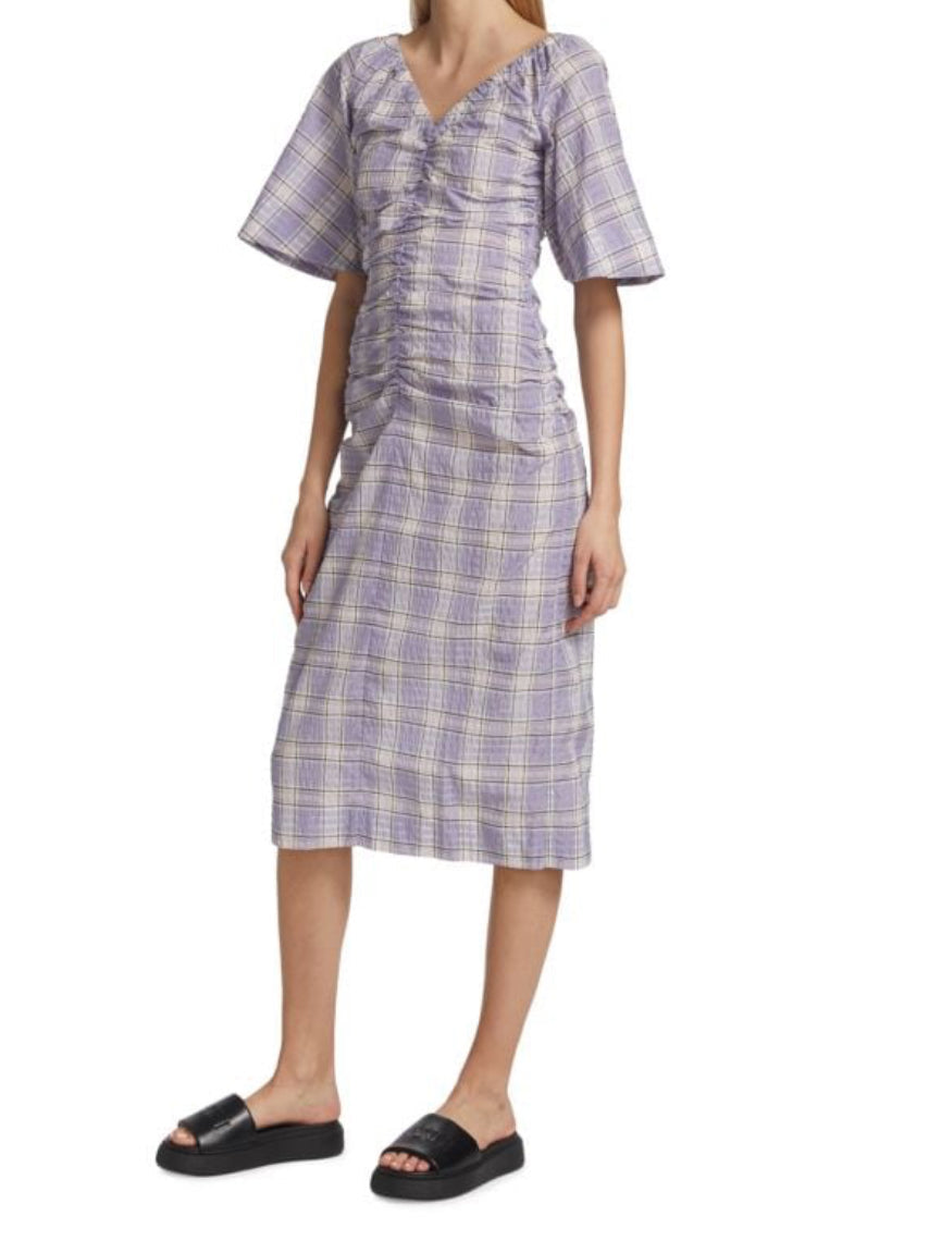 GANNI Seersucker Check V-Neck Midi-Dress - Persian Violet