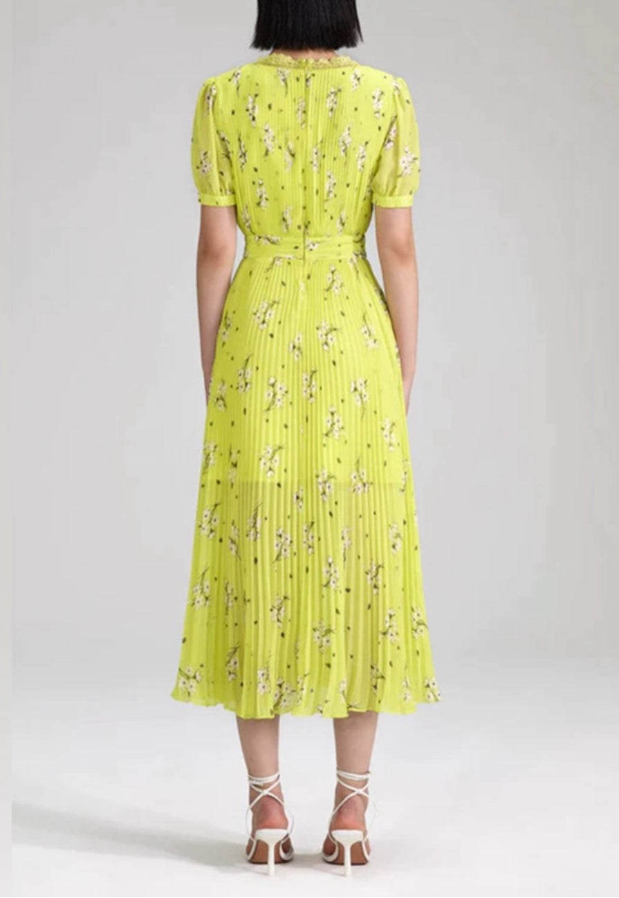 self-portrait Lime Floral Chiffon Dress