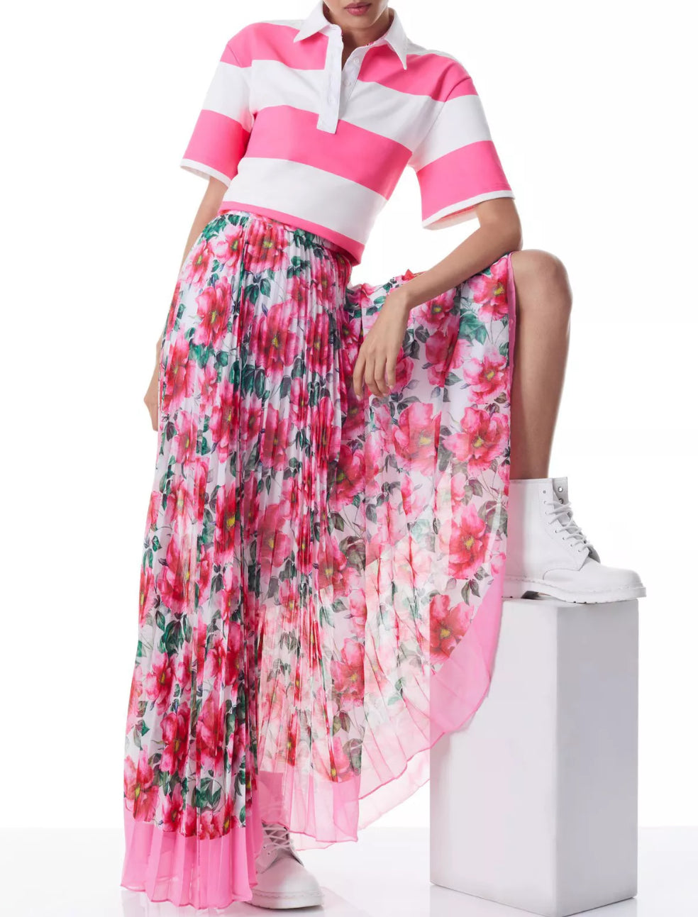 alice + olivia Katz Sunburst Pleated Maxi Skirt - High Tea Floral