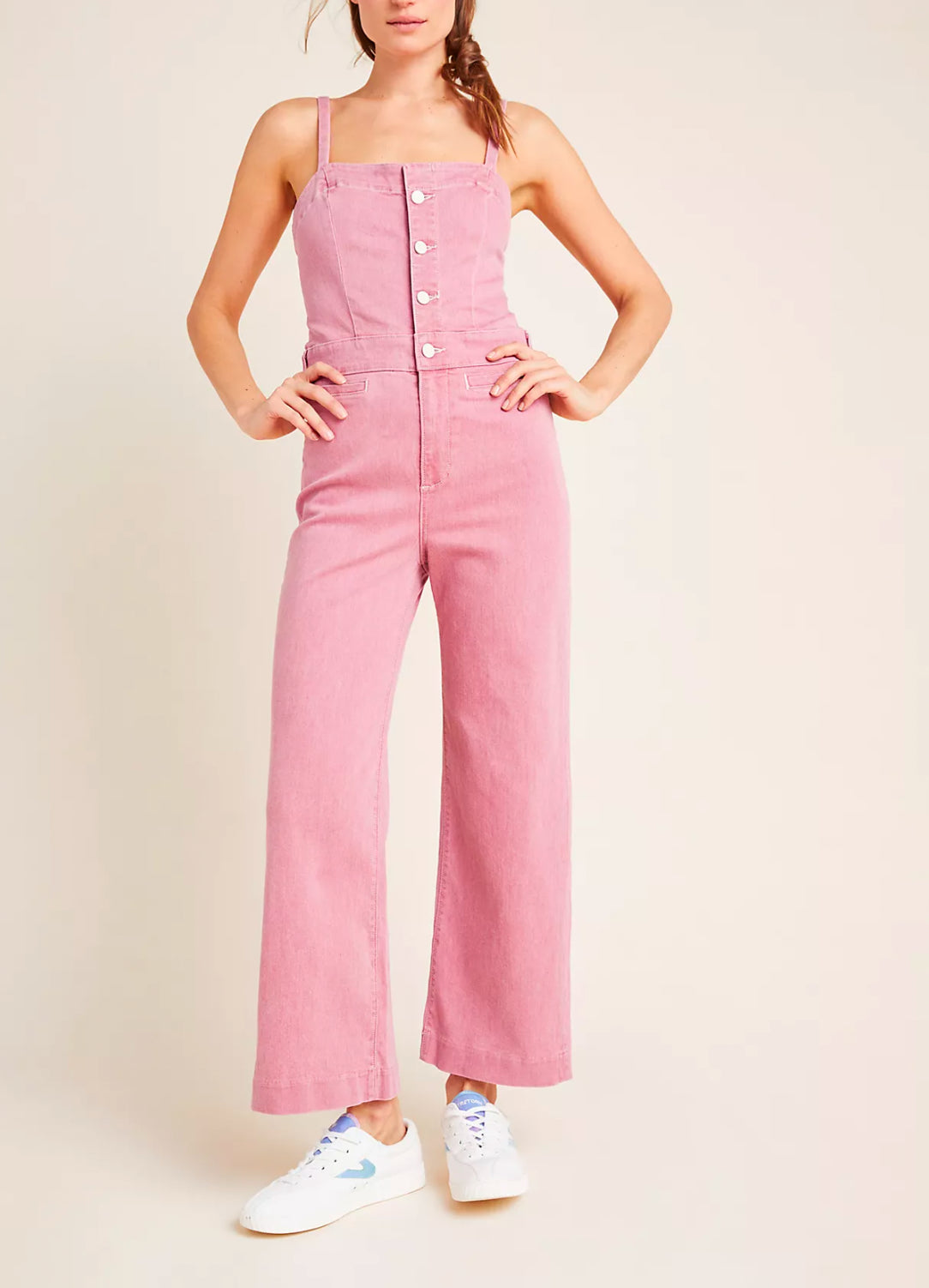 Paige Anessa Cropped Denim Jumpsuit - Raspberry