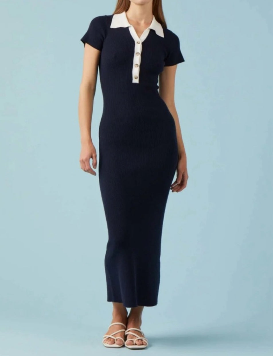 Sophie Rue Collared Rib Knit Dress - Navy/White
