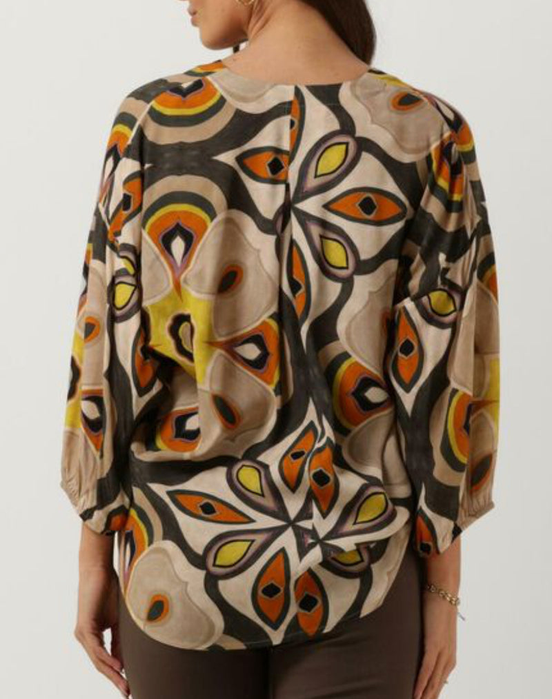 Summum Bold Flower Blouse Top V Neck - Multicolor