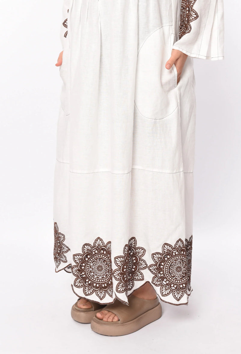 Greek Archaic Kori Embroidered Linen Dress - White