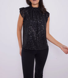 Sail to Sable Black Sequin Ruffle Neck Top