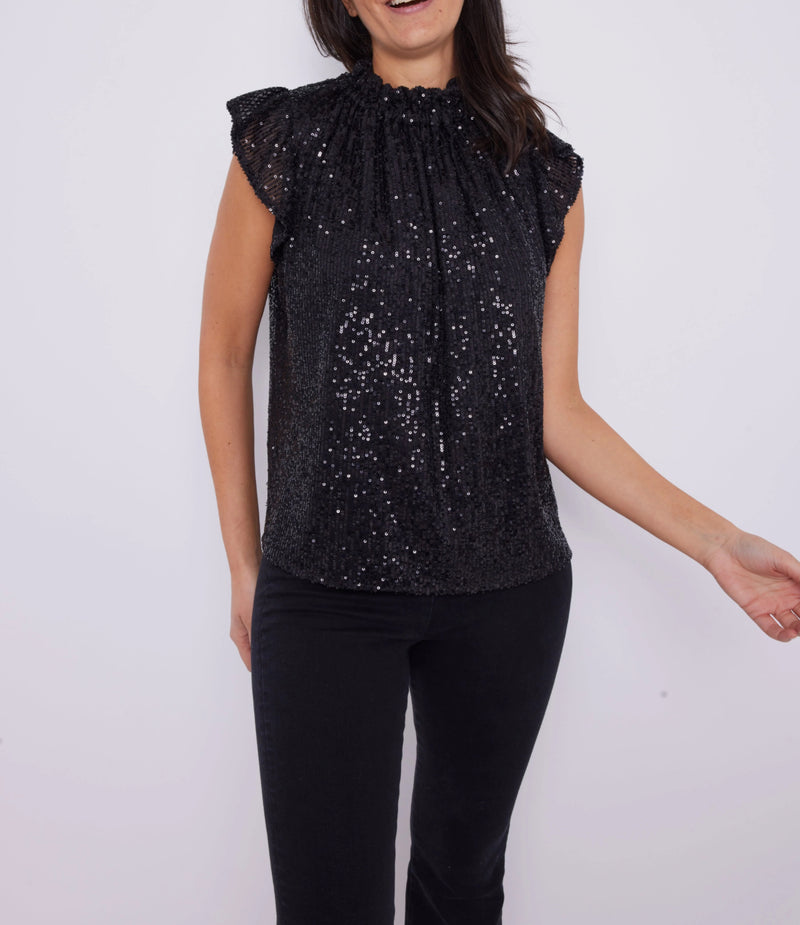 Sail to Sable Black Sequin Ruffle Neck Top