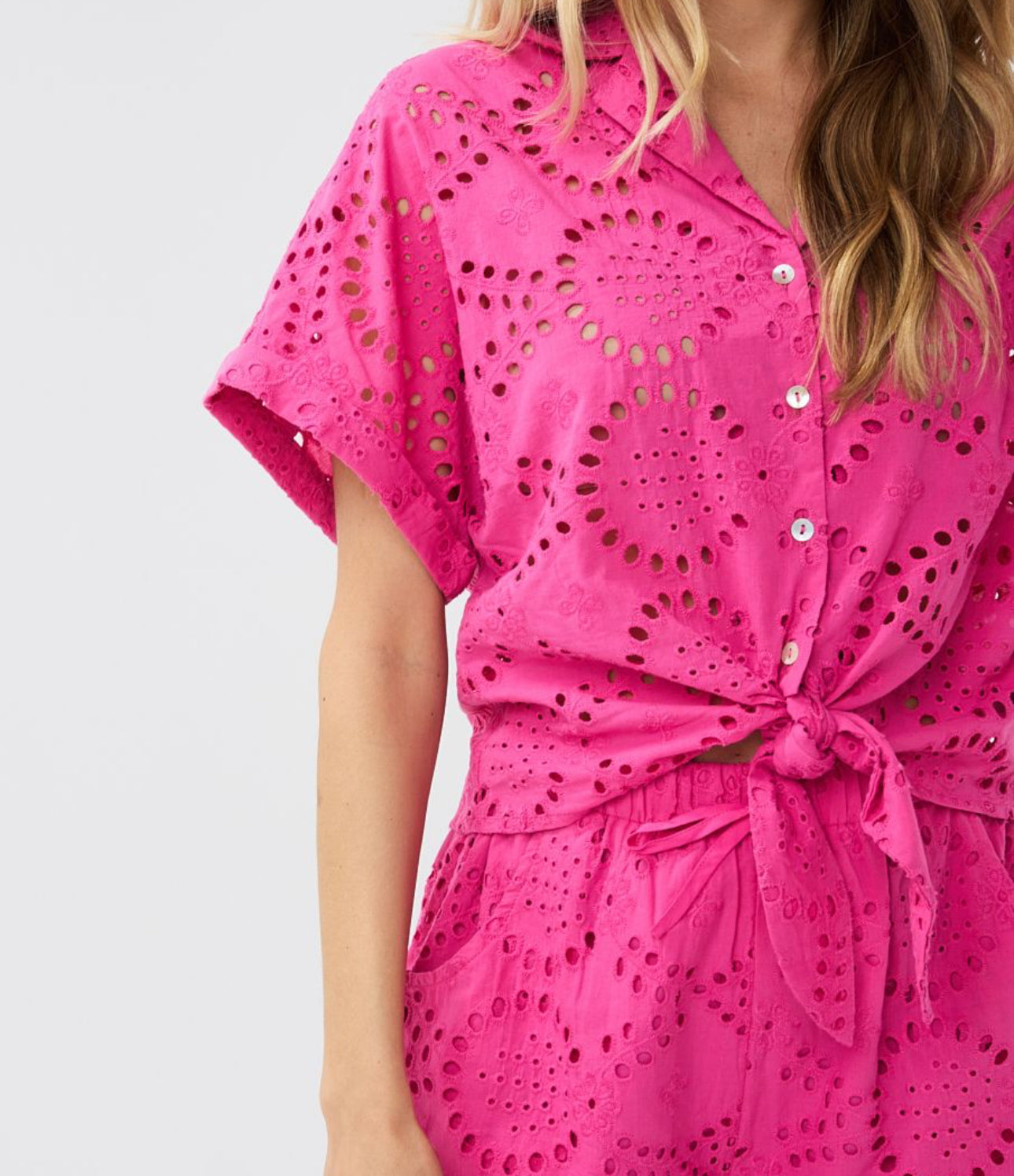 Esqualo Tie Front Cotton Eyelet Blouse - Hot Pink