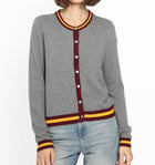 Minnie Rose Cotton Cashmere Cardigan With Stripe Detail - Grey Shadow Combo