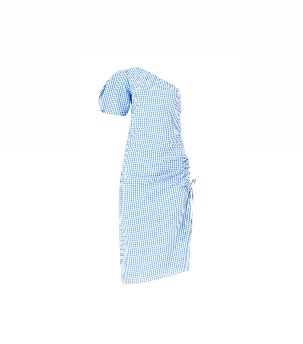 Rosie Assoulin One Shoulder Puff Sleeve Dress - Blue Seersucker Gingham
