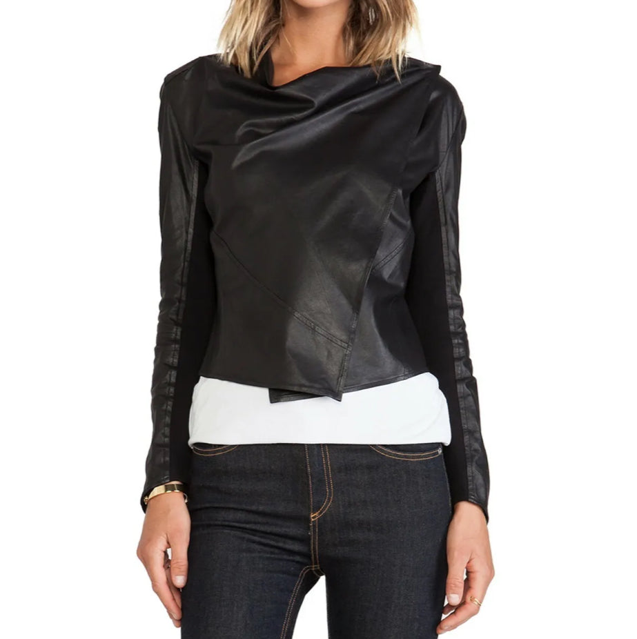 Lamarque Madison Cowl-Neck Leather Jacket - Black