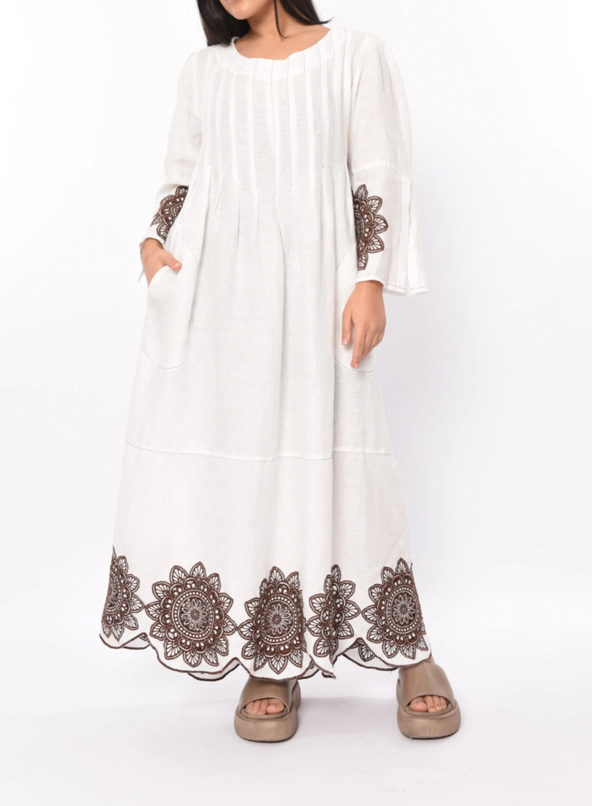 Greek Archaic Kori Embroidered Linen Dress - White