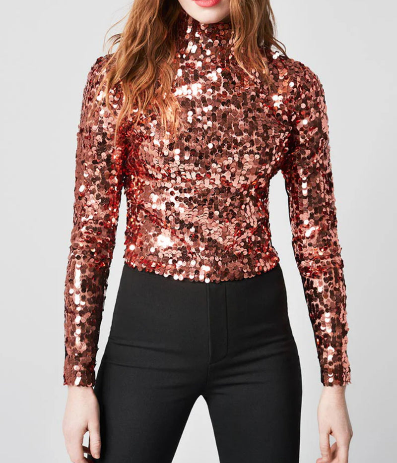 Smythe Blocked Pailette Mock Neck Top - Copper