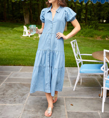 Sail To Sable Chambray Puff Sleeve Button Front Midi