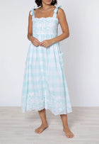 Juliet Dunn Blue Gingham Tie Shoulder Dress with Embroidery