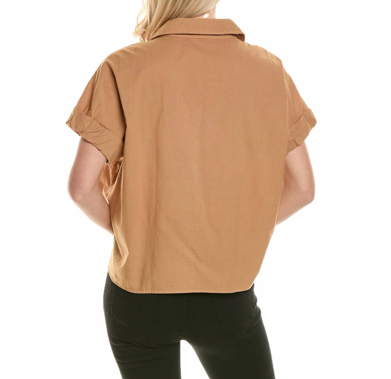 Stateside Voile Short Sleeve Front Twist Button Up Shirt - Almond