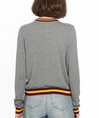 Minnie Rose Cotton Cashmere Cardigan With Stripe Detail - Grey Shadow Combo