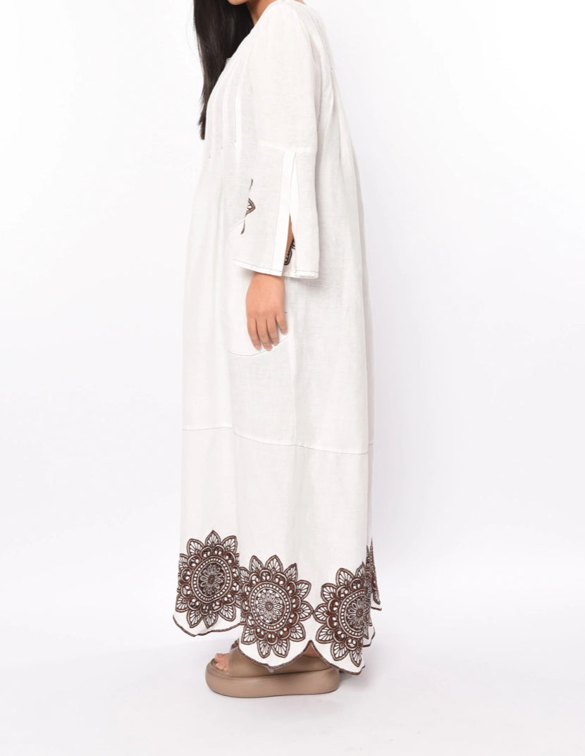 Greek Archaic Kori Embroidered Linen Dress - White