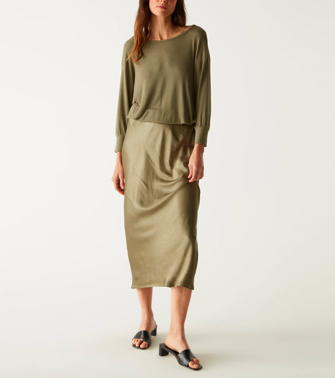 Michael Stars Nadia Mixed Fabric Satin Dress - Olive