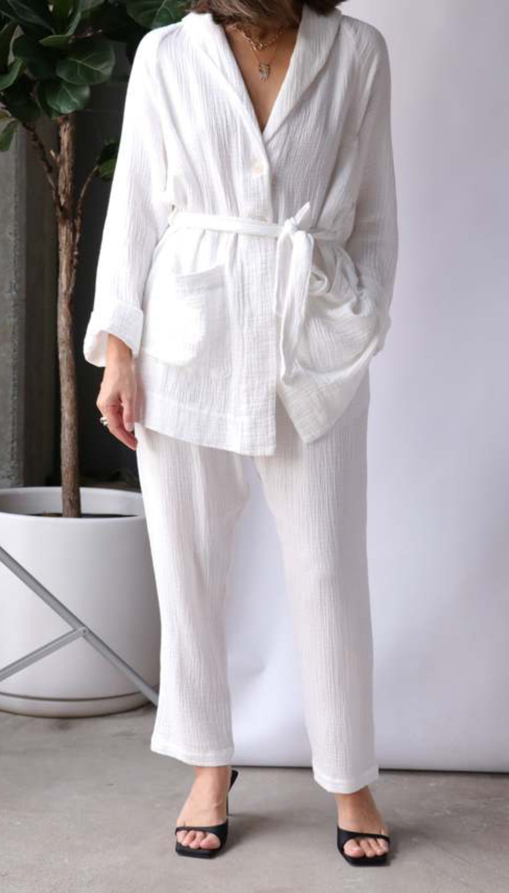 Raquel Allegra Cotton Gauze Medley Robe - Cream