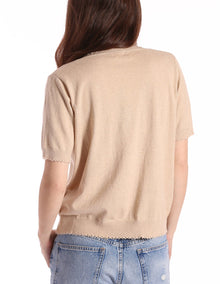 Minnie Rose Cotton Cashmere Frayed V Neck Tee - Brown Sugar